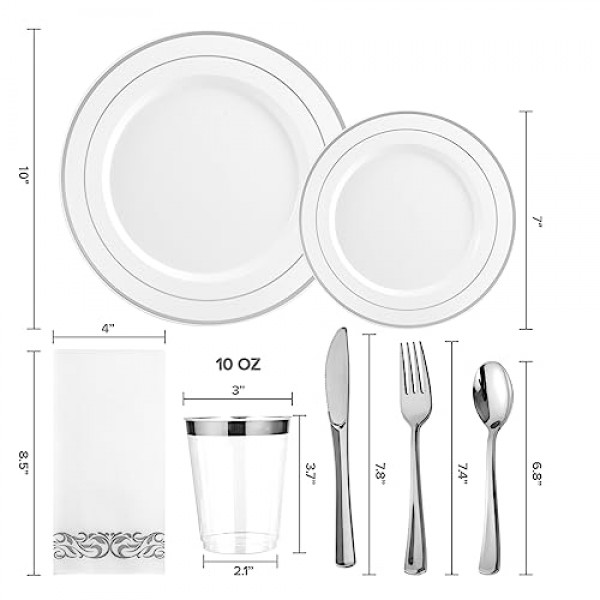 FOCUSLINE 175개 25인용 실버 식기 세트, 실버 림 플라스틱 접시 일회용 파티, 디너 접시 25개, 디저트 접시 25개, 컵 25개, 냅킨 25개, 포크 25개, 숟가락 25개, 칼 25개 포함