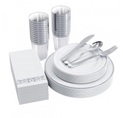 FOCUSLINE 175개 25인용 실버 식기 세트, 실버 림 플라스틱 접시 일회용 파티, 디너 접시 25개, 디저트 접시 25개, 컵 25개, 냅킨 25개, 포크 25개, 숟가락 25개, 칼 25개 포함