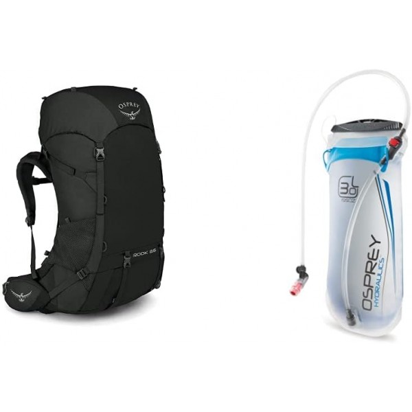 Osprey Rook 65 남성용 통풍식 배낭 여행 팩 - 블랙(O/S) & Osprey Hydraulics 3L 수화 저장통 - 블루
