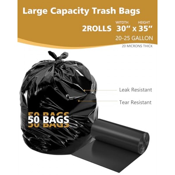 AYOTEE 23갤런 쓰레기 봉투(지퍼 타이 포함), 20-25갤런 쓰레기 봉투(50개 개수 대량) 대형 검은색 쓰레기 봉투 20갤런 쓰레기 봉투, 상업용, 가정용, 잔디용 초대형 쓰레기 