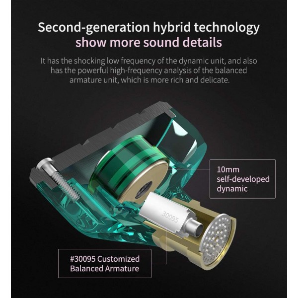 Yinyoo KZ ZSN 듀얼 드라이버 헤드폰 KZ 헤드폰 1BA + 1DD 이어폰 HiFi 스포츠 헤드셋(마이크 포함 분리형 2핀 케이블 포함) ZSN Cyan