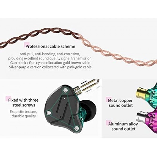 Yinyoo KZ ZSN 듀얼 드라이버 헤드폰 KZ 헤드폰 1BA + 1DD 이어폰 HiFi 스포츠 헤드셋(마이크 포함 분리형 2핀 케이블 포함) ZSN Cyan