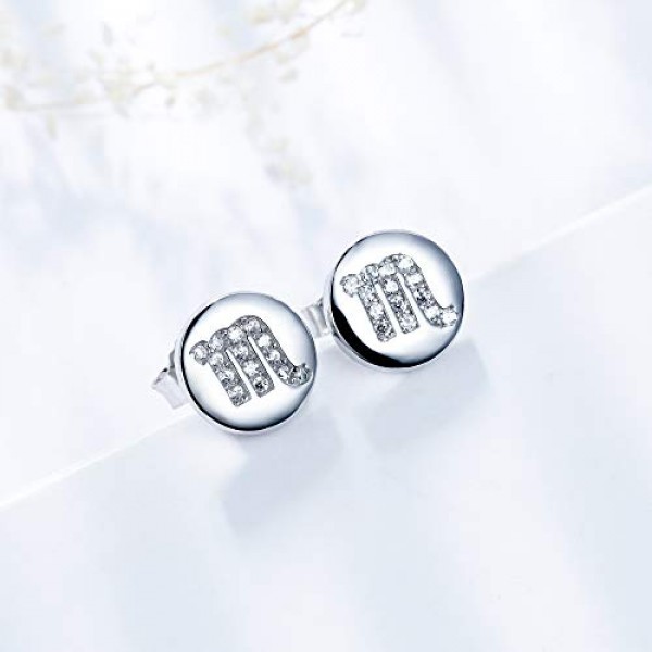 J.Endéar 여성용 및 여아용 925 실버 및 큐빅 지르코니아 조디악 스터드 귀걸이, 8 x 8mm 라운드 귀걸이, 주얼리 선물