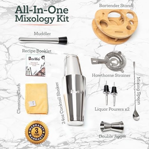 Barillio의 Elite Mixology 바텐더 키트 칵테일 셰이커 세트: 바 도구가 포함된 음료 믹서 세트, 대나무 스탠드 보스턴 셰이커 모히토 머들러 믹싱 스푼 지거 레시피 소책자