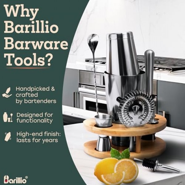 Barillio의 Elite Mixology 바텐더 키트 칵테일 셰이커 세트: 바 도구가 포함된 음료 믹서 세트, 대나무 스탠드 보스턴 셰이커 모히토 머들러 믹싱 스푼 지거 레시피 소책자