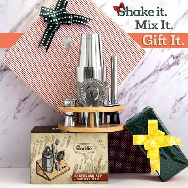 Barillio의 Elite Mixology 바텐더 키트 칵테일 셰이커 세트: 바 도구가 포함된 음료 믹서 세트, 대나무 스탠드 보스턴 셰이커 모히토 머들러 믹싱 스푼 지거 레시피 소책자