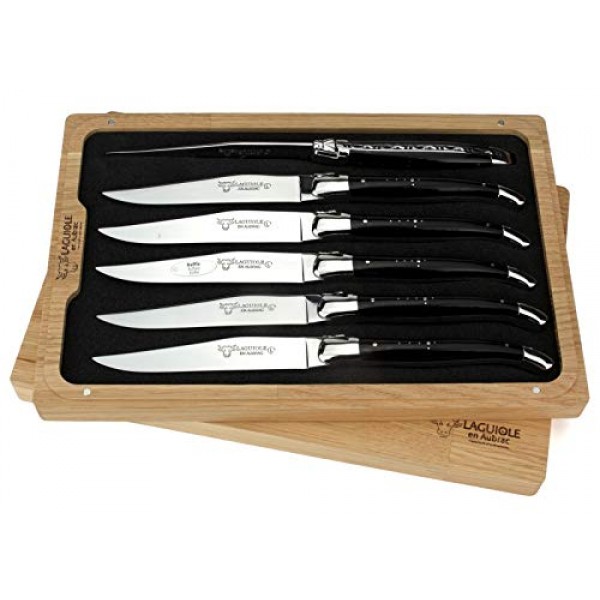 Laguiole en Aubrac 럭셔리 완전 단조 풀 탱 스테인레스 스틸 스테이크 나이프 6피스 세트, 버팔로 뿔 손잡이, 스테인레스 스틸 광택 볼스터