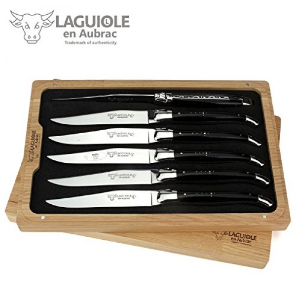 Laguiole en Aubrac 럭셔리 완전 단조 풀 탱 스테인레스 스틸 스테이크 나이프 6피스 세트, 버팔로 뿔 손잡이, 스테인레스 스틸 광택 볼스터