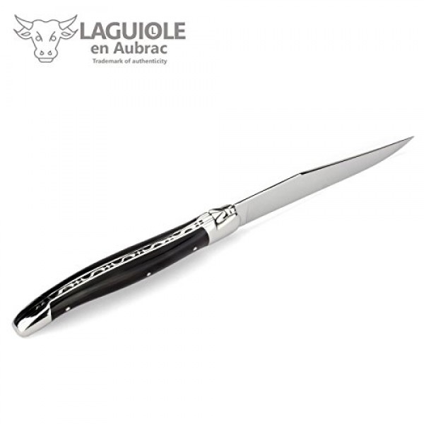 Laguiole en Aubrac 럭셔리 완전 단조 풀 탱 스테인레스 스틸 스테이크 나이프 6피스 세트, 버팔로 뿔 손잡이, 스테인레스 스틸 광택 볼스터