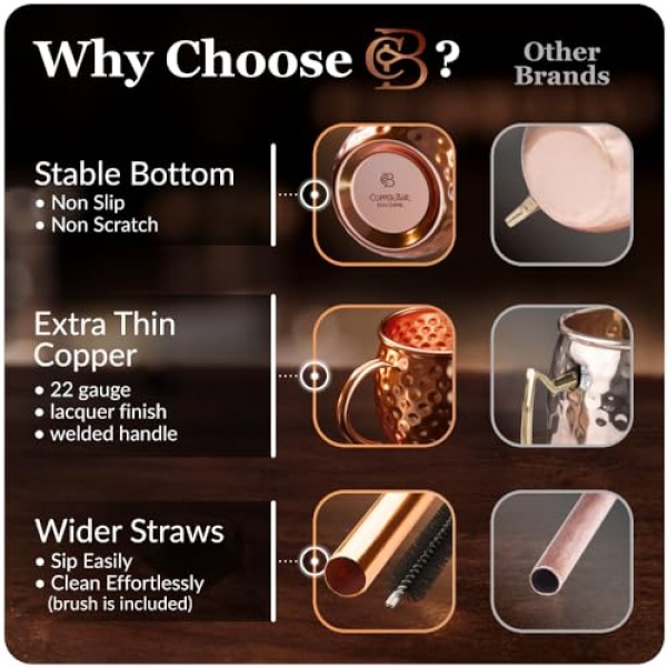 모스크바 뮬 구리 머그컵 | 망치로 만든 컵 4개 세트 | 100% 수공예 순수 고체 구리 | 칵테일 빨대와 선물 세트 | 유리잔 | 코스터 | Copper-Bar의 구리 교반기 및 맥주 오프너
