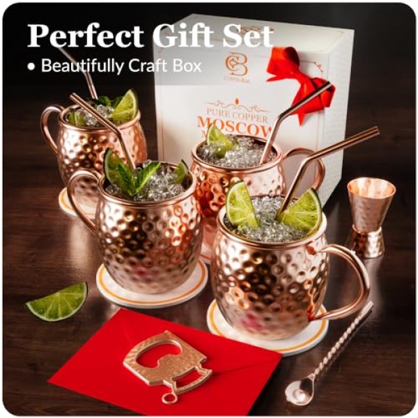 모스크바 뮬 구리 머그컵 | 망치로 만든 컵 4개 세트 | 100% 수공예 순수 고체 구리 | 칵테일 빨대와 선물 세트 | 유리잔 | 코스터 | Copper-Bar의 구리 교반기 및 맥주 오프너