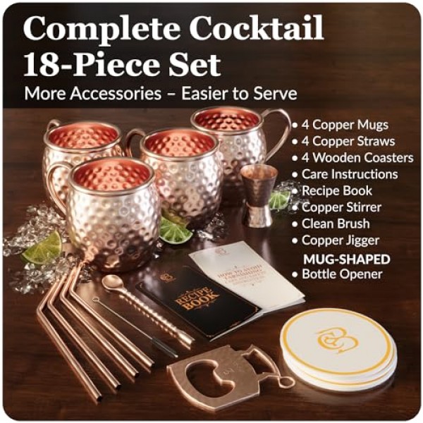 모스크바 뮬 구리 머그컵 | 망치로 만든 컵 4개 세트 | 100% 수공예 순수 고체 구리 | 칵테일 빨대와 선물 세트 | 유리잔 | 코스터 | Copper-Bar의 구리 교반기 및 맥주 오프너