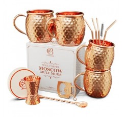 모스크바 뮬 구리 머그컵 | 망치로 만든 컵 4개 세트 | 100% 수공예 순수 고체 구리 | 칵테일 빨대와 선물 세트 | 유리잔 | 코스터 | Copper-Bar의 구리 교반기 및 맥주 오프너