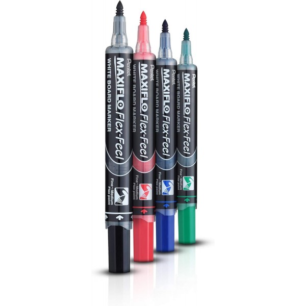 Pentel MWL5SBF-4N Maxiflo Flexfeel 화이트보드 마커(유연한 팁 포함), 자석 및 와이퍼가 포함된 4개 세트, 검정/빨강/파랑/초록 4개 모음. 블랙/레드/블루/그린 와이퍼 포함