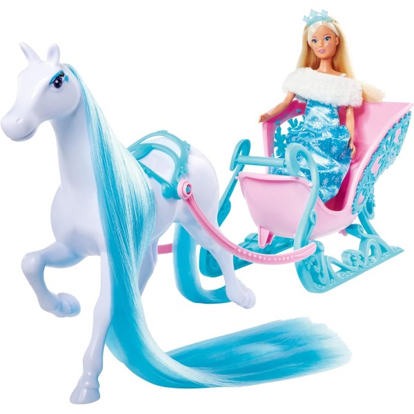 Simba 105733522 - Steffi Love Snow Dream, 말이 달린 동화 속 썰매와 얼음 공주로 변신한 Steffi, L: 50cm, 인형 29cm, 3세 이상의 어린이에게 적합