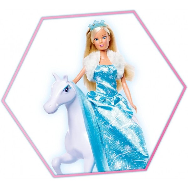 Simba 105733522 - Steffi Love Snow Dream, 말이 달린 동화 속 썰매와 얼음 공주로 변신한 Steffi, L: 50cm, 인형 29cm, 3세 이상의 어린이에게 적합