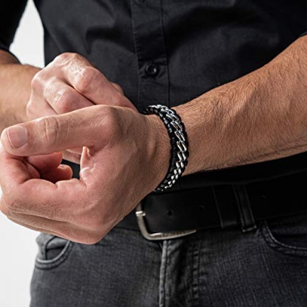 Serasar 프리미엄 정품 가죽 팔찌 남성용 블랙 스테인레스 스틸 마그네틱 걸쇠 블랙, 실버 및 골드 주얼리 박스 포함 훌륭한 선물 아이디어