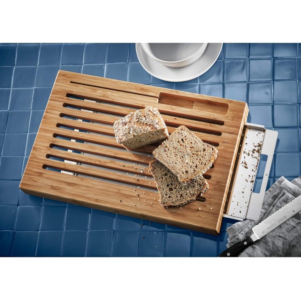 빵 부스러기 받침대가 있는 WMF 빵 도마, 드립 트레이가 있는 도마 44 x 27 x 4.8cm, 대나무, 격자 모양, 단일 칼날 사용 가능