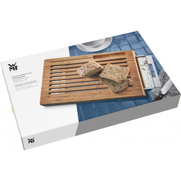 빵 부스러기 받침대가 있는 WMF 빵 도마, 드립 트레이가 있는 도마 44 x 27 x 4.8cm, 대나무, 격자 모양, 단일 칼날 사용 가능