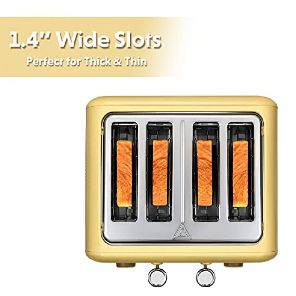 BUYDEEM DT640 4슬라이스 토스터, 매우 넓은 슬롯, 하이 리프트 레버가 있는 레트로 스테인레스 스틸, 베이글 및 머핀 기능, 부스러기 제거 트레이, 7가지 셰이드 설정, 부