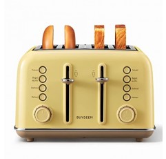 BUYDEEM DT640 4슬라이스 토스터, 매우 넓은 슬롯, 하이 리프트 레버가 있는 레트로 스테인레스 스틸, 베이글 및 머핀 기능, 부스러기 제거 트레이, 7가지 셰이드 설정, 부