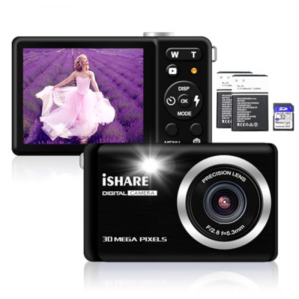 사진용 디지털 카메라, 어린이 청소년 노인을 위한 2.8인치 LCD 18배 디지털 줌 기능을 갖춘 충전식 30MP 포인트 앤 샷 카메라(32GB 카드 및 2배터리)