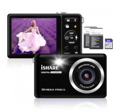 사진용 디지털 카메라, 어린이 청소년 노인을 위한 2.8인치 LCD 18배 디지털 줌 기능을 갖춘 충전식 30MP 포인트 앤 샷 카메라(32GB 카드 및 2배터리)