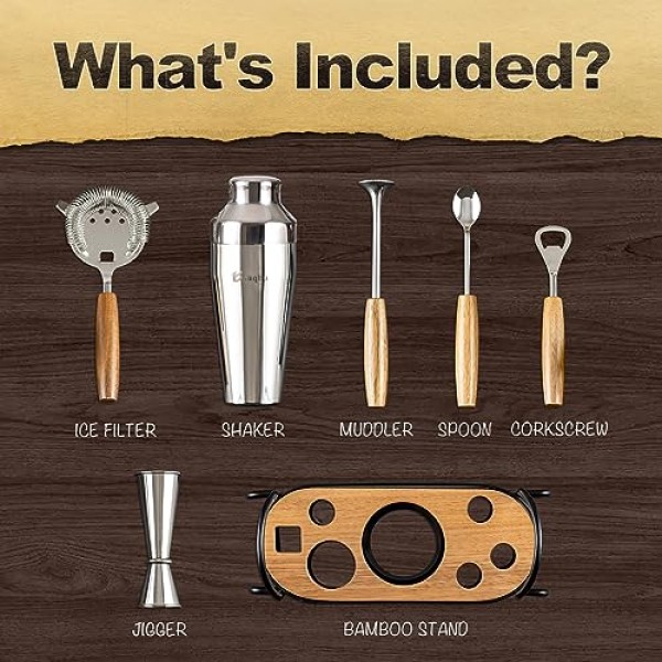 스탠드가 포함된 칵테일 셰이커 세트, 음료 혼합용 Mixology 바텐더 키트 | 7개의 바 세트 도구 칵테일 키트가 포함된 믹솔로지 세트