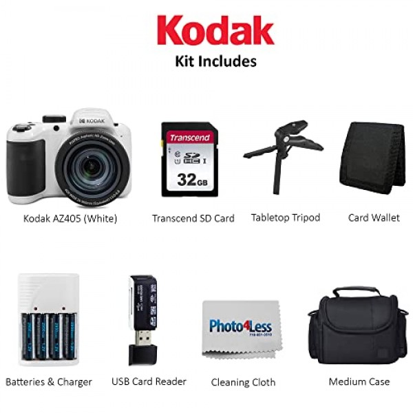 Kodak PIXPRO AZ405 디지털 카메라(흰색) 번들, 케이스 포함, 32GB SD 메모리 카드, 메모리 카드 지갑, 카드 리더기, 테이블 삼각대, AA 배터리 4개, 흰색 충전기 및 천