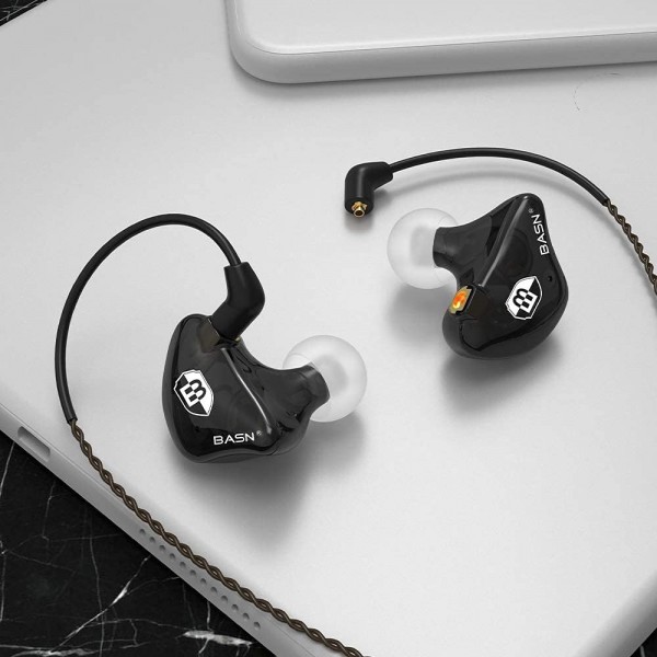 BASN Bsinger 인이어 모니터 노이즈 차단 헤드폰, 듀얼 다이내믹 드라이버 뮤지션 드러머 싱어용 분리형 MMCX 케이블이 있는 고화질 유선 이어폰(블랙) 블랙