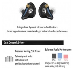 BASN Bsinger 인이어 모니터 노이즈 차단 헤드폰, 듀얼 다이내믹 드라이버 뮤지션 드러머 싱어용 분리형 MMCX 케이블이 있는 고화질 유선 이어폰(블랙) 블랙