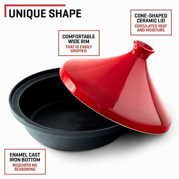 Uno Casa Tagine 냄비 - 3.65쿼트 모로코 타진, 에나멜 주철 베이스 및 세라믹 원뿔 모양 뚜껑, 조리기구 - 빨간색 이중 오븐 장갑 포함: 가정 및 주방