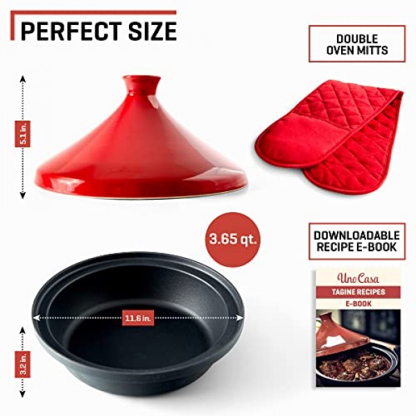 Uno Casa Tagine 냄비 - 3.65쿼트 모로코 타진, 에나멜 주철 베이스 및 세라믹 원뿔 모양 뚜껑, 조리기구 - 빨간색 이중 오븐 장갑 포함: 가정 및 주방