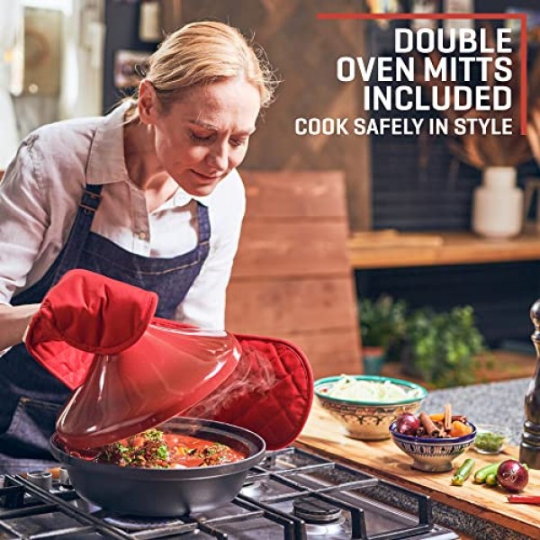 Uno Casa Tagine 냄비 - 3.65쿼트 모로코 타진, 에나멜 주철 베이스 및 세라믹 원뿔 모양 뚜껑, 조리기구 - 빨간색 이중 오븐 장갑 포함: 가정 및 주방