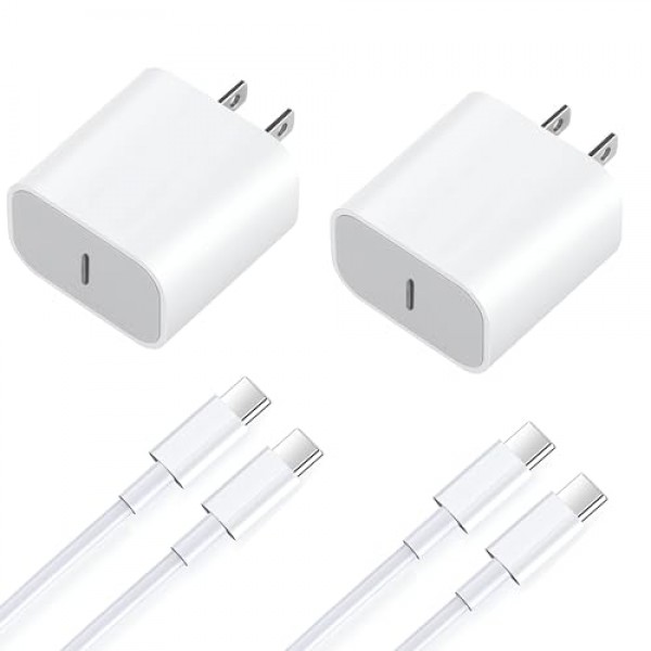 iPhone 15 충전기 iPhone 15/15 Plus/Pro Max, iPad Pro 12.9/11인치, iPad Air 5/4, iPad 10용 20W USB C 충전기, 6.6FT 긴 USB C-C 케이블이 포함된 2팩 PD 고속 충전기 블록