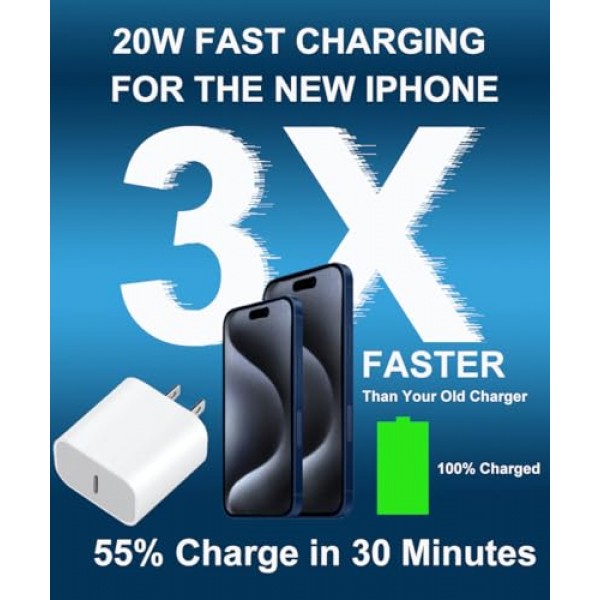 iPhone 15 충전기 iPhone 15/15 Plus/Pro Max, iPad Pro 12.9/11인치, iPad Air 5/4, iPad 10용 20W USB C 충전기, 6.6FT 긴 USB C-C 케이블이 포함된 2팩 PD 고속 충전기 블록