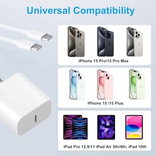 iPhone 15 충전기 iPhone 15/15 Plus/Pro Max, iPad Pro 12.9/11인치, iPad Air 5/4, iPad 10용 20W USB C 충전기, 6.6FT 긴 USB C-C 케이블이 포함된 2팩 PD 고속 충전기 블록