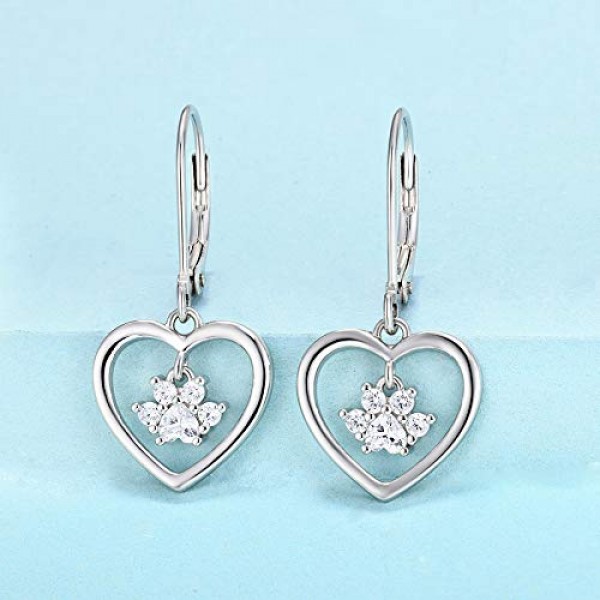 JO WISDOM 여성용 귀걸이 하트 실버 925, 귀걸이 매달린 개 발 프린트 발자국 5A 큐빅 지르코니아 주얼리로 내 마음에서 당신을 사랑합니다 여성용 여성용 어머니 주얼리