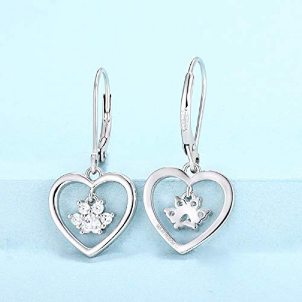 JO WISDOM 여성용 귀걸이 하트 실버 925, 귀걸이 매달린 개 발 프린트 발자국 5A 큐빅 지르코니아 주얼리로 내 마음에서 당신을 사랑합니다 여성용 여성용 어머니 주얼리