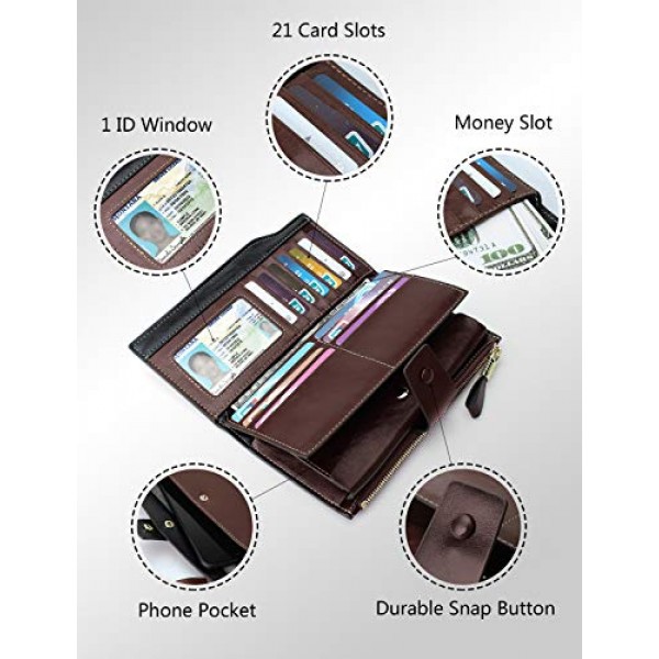 Demon&Hunter DZA2083 여성용 가죽 지갑 RFID 보호 대용량 롱 지갑 21 카드 슬롯 가죽 클러치 백