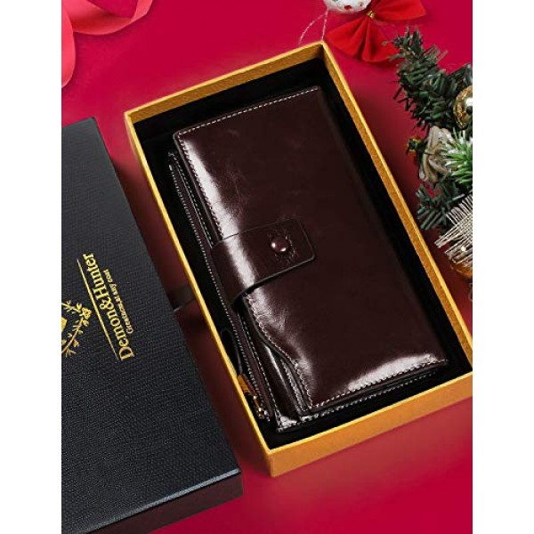 Demon&Hunter DZA2083 여성용 가죽 지갑 RFID 보호 대용량 롱 지갑 21 카드 슬롯 가죽 클러치 백