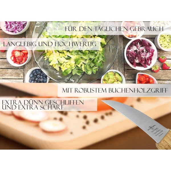 Solingen의 페어링 칼 야채 칼 2개 세트 Vogelschnabel 범용 칼 스테인리스 곡선 칼날 너도밤나무 손잡이가 있는 주방 칼 Made in Germany 주방 작업용 소형 나무 칼 너도밤나무 2