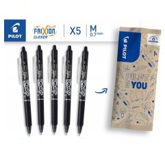 PILOT FriXion Clicker 0.7 - 5개 팩 - 컬러 블랙 - 지울 수 있고 리필 가능한 젤 롤러 볼 펜, 푸시 메커니즘 및 감열성 잉크, 중간 팁 1피스(5개 팩) 블랙 싱글