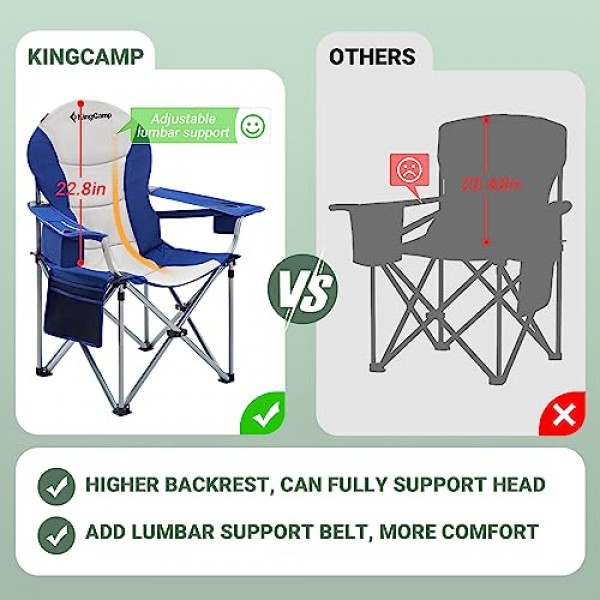 KingCamp 요추 지지대가 있는 대형 캠핑 접이식 의자, 쿨러 백이 있는 헤비 듀티 인체공학적 패딩 팔 의자, 컵 홀더, 야외용 휴대용