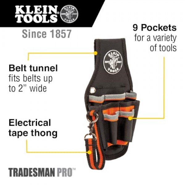 Klein Tools 5240 도구 파우치, Tradesman Pro 유지 관리 도구 파우치(포켓 9개 포함), 테이프 통, 2인치 터널 루프, 대형 전기공 홀스터