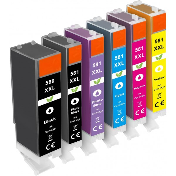 Canon PGI-580 CLI-581과 호환되는 6개의 잉크 카트리지 세트 Prindano | Pixma TS8120 TS8150 TS8151 TS8152 TS8220 TS8240 TS8241 TS8242 TS8250 TS8251 TS8252 TS8350 TS8351 TS8352 TS9150 TS9