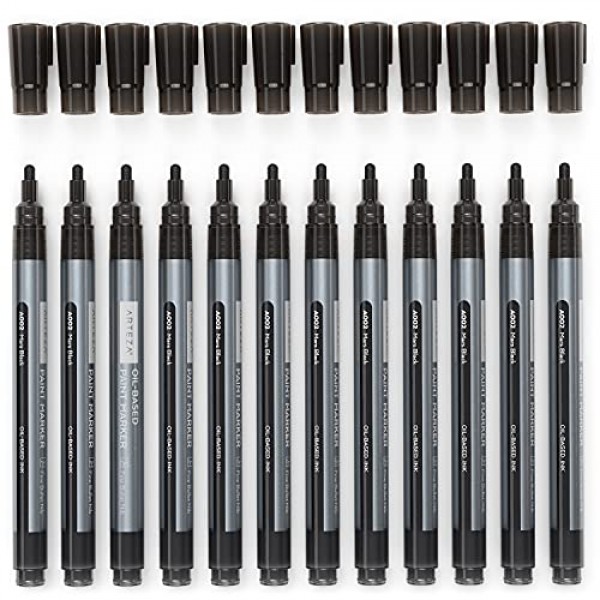 ARTEZA 유성 페인트 마커, 12팩 검정색, 1.3mm 영구 펜, 석재, 목재, 유리, 금속, 캔버스, 종이용 방수 공예 및 미술 용품