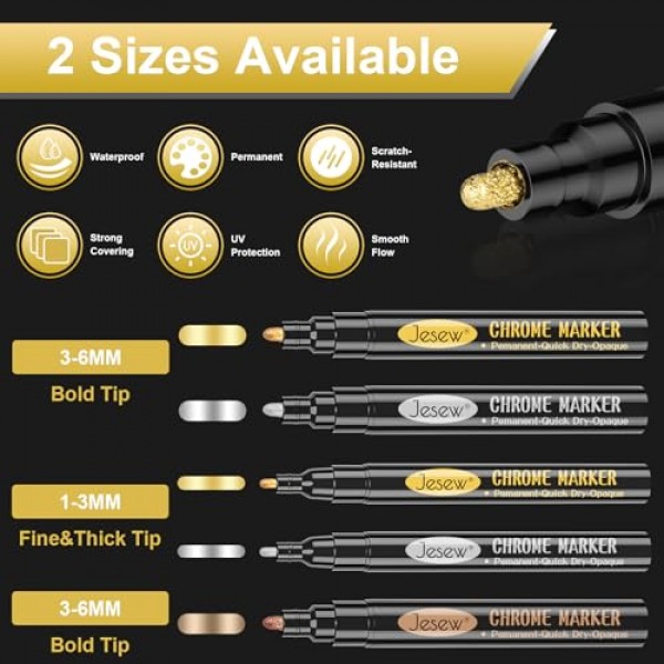 7Pcs 액체 거울 크롬 마커, 실버 & 골드 & 로즈 수리, 모델 페인팅, 마킹 또는 DIY 예술 프로젝트, 방수 고광택 금속 마커 용 영구 반사 크롬 페인트 펜