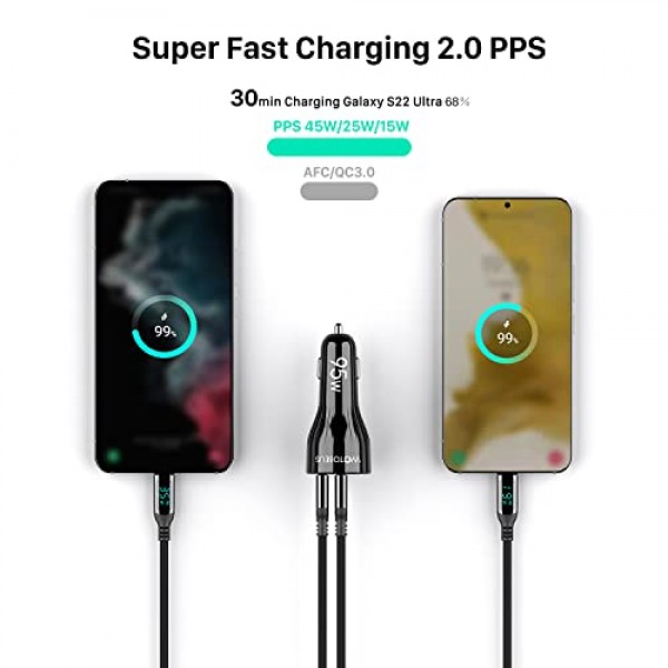 WOTOBEUS 95W USB C 차량용 충전기 | 여러 USB 장치를 위한 3개의 포트 | iPhone 15 14 13 iPad MacBook Type-C 노트북용 PD 3.0 65W | 삼성 Galaxy S24/23/22 Ultra Pixel용 PPS 45W 초고속 충전
