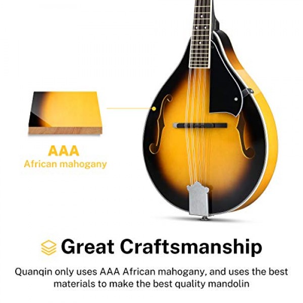 Donner A 스타일 만돌린 악기 Sunburst 초보자 성인 어쿠스틱 만돌린 악기 마호가니 8 현, 튜너 현악기 가방 기타 추천, DML-1 번들